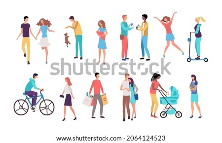 Crowd of people performing spring, summer outdoor activities. Group of flat cartoon men and women isolated on white background. Vector illustration