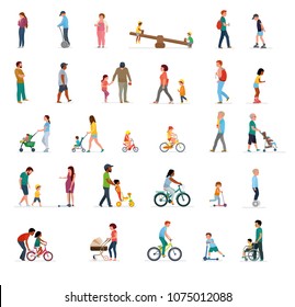 Crowd of people performing summer outdoor activities - walk, riding bicycle, skateboarding. Group of male and female and kids flat cartoon characters isolated on white background. Vector illustration.