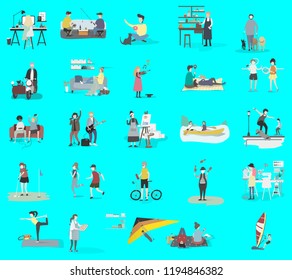 Crowd of people performing summer outdoor activities - walking , riding bicycle, skateboarding. Group of male and female flat cartoon characters isolated on white background. Vector illustration.