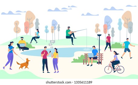 Crowd of People Performing Summer Outdoor Activities. Walking Dogs, Riding Bicycle, Fishing, Meet Friends. Male and Female Characters Lifestyle on Park Background. Cartoon Flat Vector Illustration.