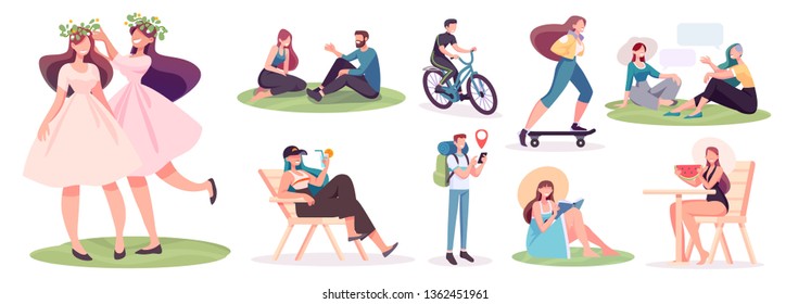 Crowd of people performing summer outdoor activities - walking dogs, riding bicycle, skateboarding. Group of male and female flat cartoon characters isolated on white background. Vector illustration.