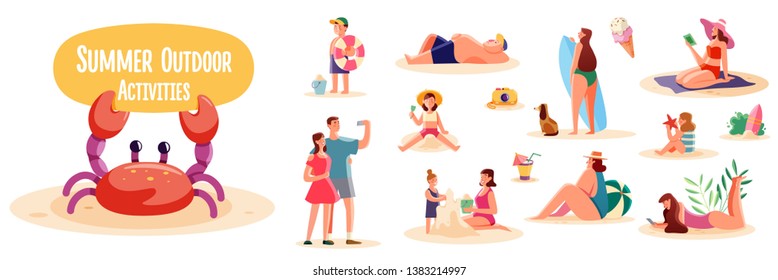 Crowd of people performing summer outdoor activities on the beach - walking dogs, surfing, sunbathing. Group of male and female flat cartoon characters isolated on white background.