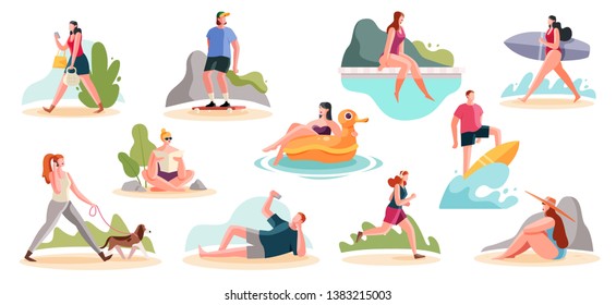 Crowd of people performing summer outdoor activities on the beach - walking dogs, skateboarding, surfing. Group of male and female flat cartoon characters isolated on white background. 