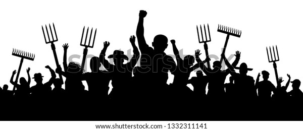 Crowd of\
people with a pitchfork shovel rake. Angry peasants protest\
demonstration. Riot workers vector\
silhouette