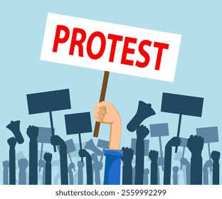 Crowd of people with placard and banners with the inscription protest. Vector illustration.