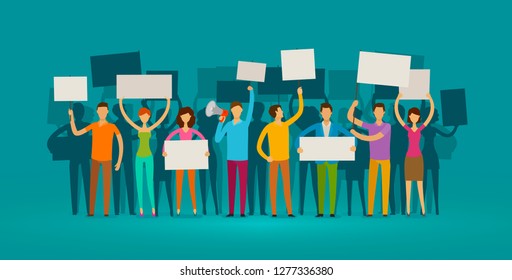 Crowd of people with placards on demonstration. Manifestation, protest concept. Cartoon vector illustration