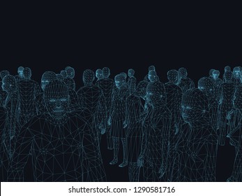 A Crowd Of People From Polygonal Contours. Wireframe People Standing In A Different Position. The Contours Of People On A Dark Background. Vector Illustration.