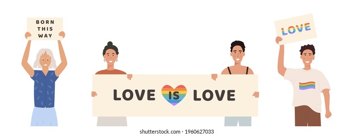 Crowd of people at pride parade holding placards with slogan. Men and women at demonstration for LGBT rights. Gay, lesbian, bisexual, transgender activists. Love is love. Banner with Vector characters