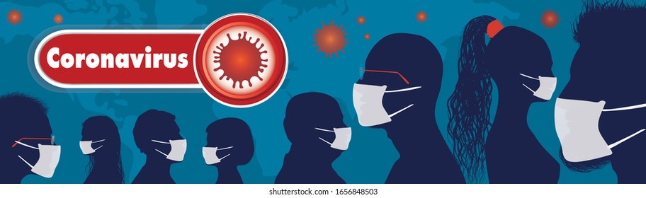 Crowd of people protecting themselves against pandemic epidemic infection.Group of people wearing medical masks.Virus contamination.Coronavirus wall paper.Vaccination. Antivirus.Banner