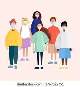 Crowd of people in protective face masks. Covid-19 self-isolation, coronavirus quarantine, global danger. vector image