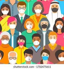 Crowd of people in protective medical face masks. Spread of coronavirus from person to person prevention. Wearing respirators to prevent covid-19 infection. Coronavirus pandemic. Global quarantine