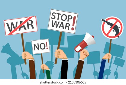 Crowd of people protesters with banners and posters no war. vector illustration.
