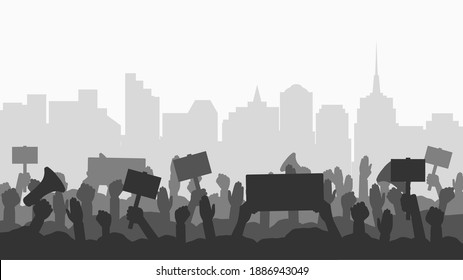 Crowd of people protesters in city. Silhouettes of protesting people with banners, megaphones at cityscape background. Concept of fight for your rights, revolution or protest. Vector illustration.