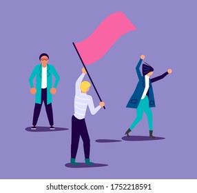 Crowd of people protesters with flag and raised arm fist. Isolated on purple. Flat Art Vector Illustration