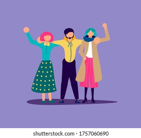 Crowd of people protesters hugging together and raised arm fist. Isolated on purple. Flat Art Vector Illustration