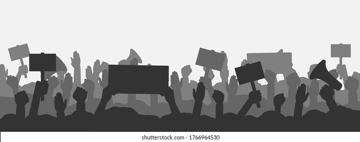 Crowd of people protesters. Silhouettes of protesting people with banners, megaphones and raised up hands and fist. Concept of fight for your rights, revolution or protest. Vector illustration.