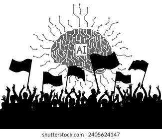 Crowd of people protesting against artificial intelligence. Vector illustration.