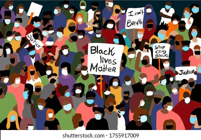 crowd of people protesting, anti racism protest art wallpaper, police violence against black people, Black Lives Matter, mask protest, covid pandemic, group raising banners, hand Illustration, Vector