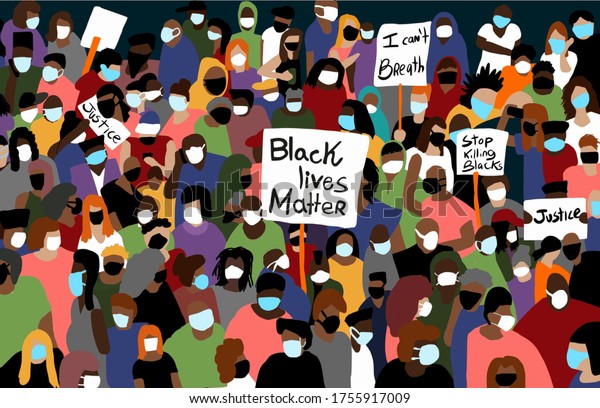 crowd of people protesting, anti racism protest\
art wallpaper, police violence against black people, Black Lives\
Matter, mask protest, covid pandemic, group raising banners, hand\
Illustration, Vector