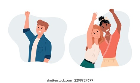 A crowd of people protesting. Women and man defending their rights with raised hand at a social rally or vote. Vector isolated cartoon illustration.