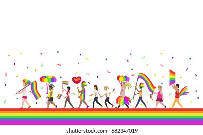 Crowd Of People With Rainbow Flags And Symbols In Pride Parade , Lgbt , Lgbtq Cartoon Vector