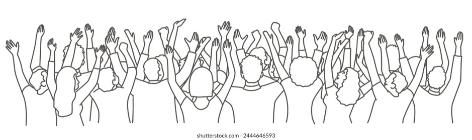 Crowd of people with raised hands at party. Back view. Hand drawn vector illustration.