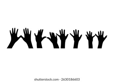 Crowd of People Raising Hands Silhouette Set Vector Illustration of Concert Audience or Group Gathering with Arms Up Isolated on White Background