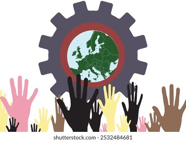 Crowd of people raising hands supporting european union with earth globe in gear