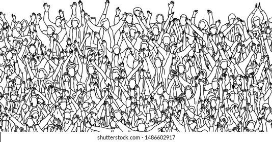 crowd of people raising their hands up on stadium vector illustration sketch doodle hand drawn with black lines isolated on white background.