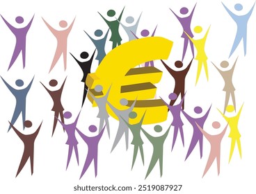 Crowd of people are raising their hands in the air, celebrating around a big euro symbol