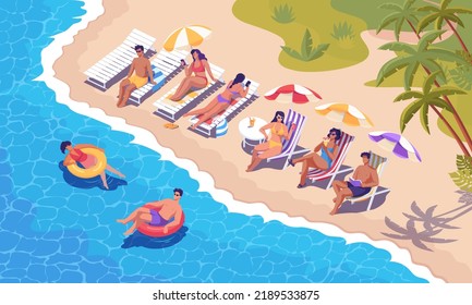 Crowd of people relaxing on the tropical beach island, swimming , taking sunbeds and having fun. Colorful isometric illustration