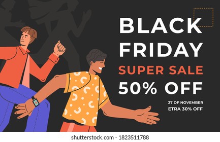 Crowd of people running to a Black Friday event, super sale shopping, special price, banner template for business, modern poster frame, promo concept, vector illustration.