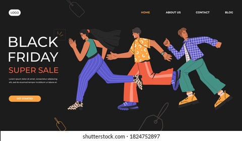 Crowd of people running to store on Black Friday event, web site template, super sale shopping, special price, business landing page, online seasonal discount, promo concept, vector illustration.