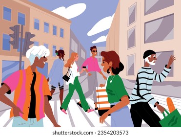 Multitud de personas en hora punta. Afiche colorido con el bullicio de la ciudad y gente sonriente y apresurada. Paisaje urbano con edificios y arquitectura, hombres y mujeres en el cruce. Dibujo vectorial plano de dibujos animados