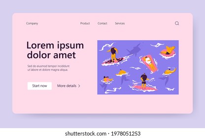Crowd of people in sea or ocean. People playing, swimming, surfing, sunbathing flat vector illustration. Summer resort, vacation, water activity concept for banner, website design or landing web page