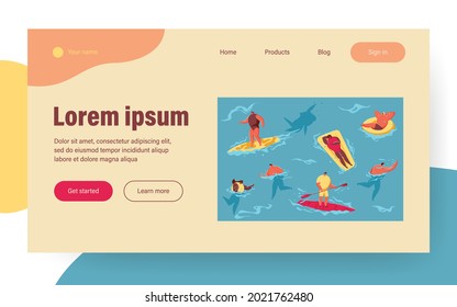 Crowd of people in sea or ocean. People playing, swimming, surfing, sunbathing flat vector illustration. Summer resort, vacation, water activity concept for banner, website design or landing web page