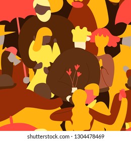 Crowd of people seamless pattern. Tiny man and woman. Different couples heterosexual gay lesbian mix race. Vector flat illustration Valentines Day concept, paper packing, print, fabric
