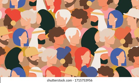 Crowd of people seamless vector pattern. Male and female faces profile portraits, people of different nationalities. Various characters, social protest demonstration Society or population. Flat