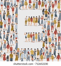 Crowd of People in The Shape of Alphabet "E" : Vector Illustration