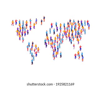 Crowd people in shape earth map isometric illustration. Groups characters lined up with world continents analysis human population and vector size.