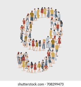 Crowd of People in The Shape of Number 9 : Vector Illustration