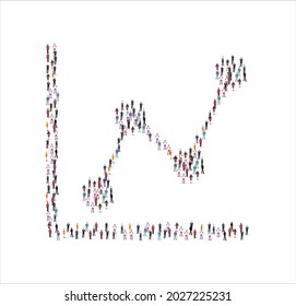 Crowd Of People Of In The Shape Of Stock Chart White Background. Vector Illustration