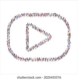 Crowd of people of in the shape of video symbol white background. Vector illustration