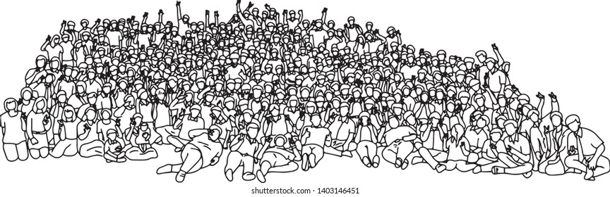 crowd of people showing victory sign with hand gesture vector illustration sketch doodle hand drawn with black lines isolated on white background. Teamwork or family concept.