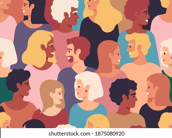 Crowd of People with side profiles. Male and female diverse profile portraits, group of young people. Men and women characters vector illustration. Profile crowd female and male diverse, different social community