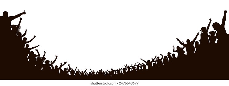 Crowd of people silhouette, cheerful fans people at stadium.  Sports event or concert. Vector illustration