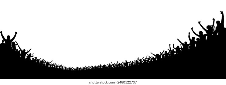 Crowd of people silhouette, cheerful fans people at stadium.  Sports event or concert. Vector illustration