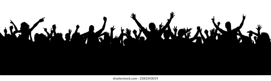 Crowd of people silhouette, happy young group party people together, cheering crowd on concert or sport event, cheerful fans