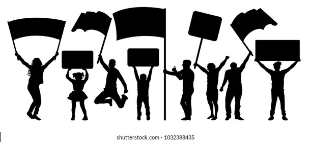Crowd of people silhouette set. Vector isolated on white background. A man and a woman in a jump. Banner, transparency, flag. Concert, sport, party, demonstration
