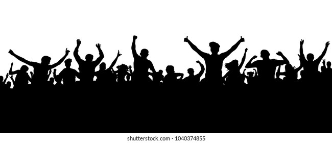 Crowd of people silhouette. Sports banner. Hands up fans. Cheerful life party